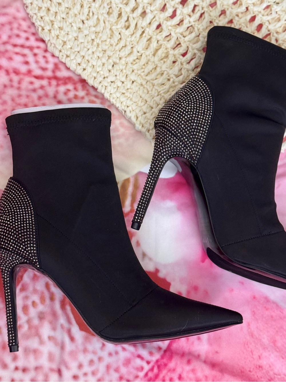 Lauren Lorraine Black Stretch Sock Ankle Boots with Rhinestone Heel